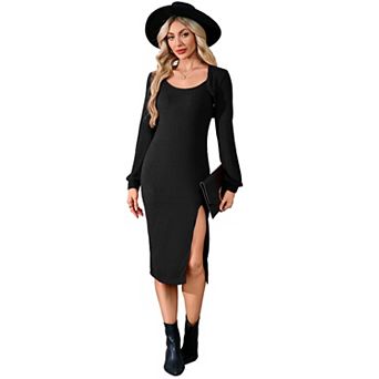 Womens 2 pc Outfit Spaghetti Side Split Bodycon Midi Sweater Dress with Long Sleeve Crop Cardigan