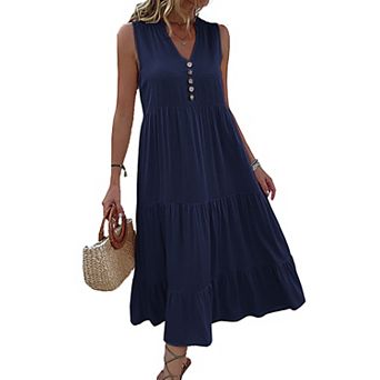 Women Sleeveless Dress V Neck Button Summer Midi Dress Casual Smocked Flowy Dresses