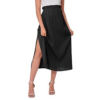 Womens High Elastic Waist Paperbag Midi Skirt Summer Business Casual Side Split A Line Skirt