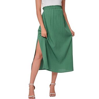 Womens High Elastic Waist Paperbag Midi Skirt Summer Business Casual Side Split A Line Skirt