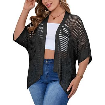 Plus Size Mesh Cardigan for Women Loose Fit 3/4 Sleeve Sheer Cover Up