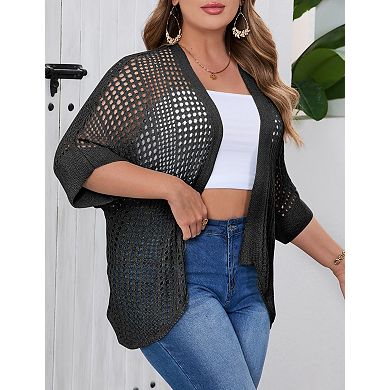 Plus Size Mesh Cardigan for Women Loose Fit 3/4 Sleeve Sheer Cover Up
