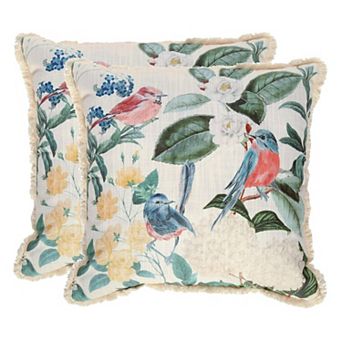 Two Pack Printed and Floral Embroidered Bird Decorative Throw Pillow Set Polyester