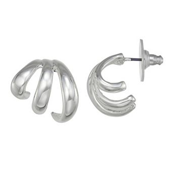 Nine West Silver Tone Triple Wavy Hoop Post Back Earrings