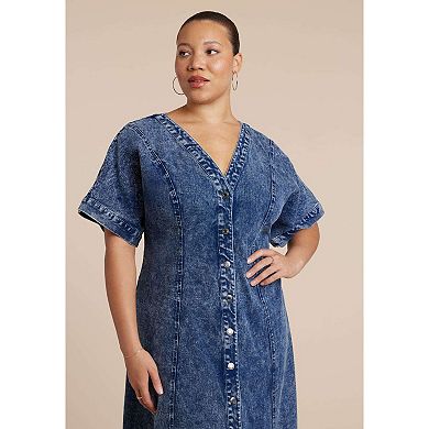 ELOQUII Women's Plus Size V Neck Flare Denim Dress