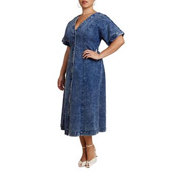 ELOQUII Women's Plus Size V Neck Flare Denim Dress