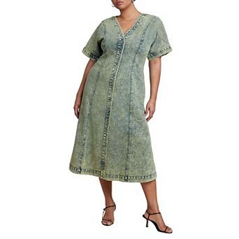 ELOQUII Women's Plus Size V Neck Flare Denim Dress