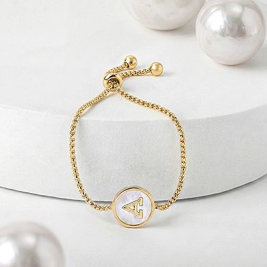 PRIMROSE 14k Gold Flash Plated Mother-of-Pearl Initial Medallion Adjustable Bracelet