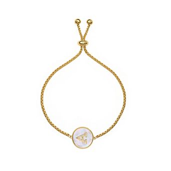 PRIMROSE 14k Gold Flash Plated Mother-of-Pearl Initial Medallion Adjustable Bracelet