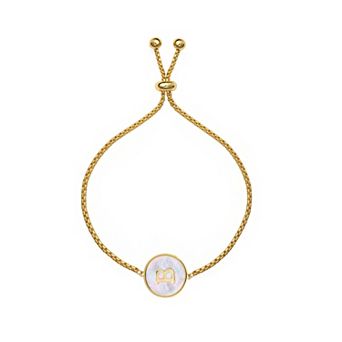 PRIMROSE 14k Gold Flash Plated Mother-of-Pearl Initial Medallion Adjustable Bracelet