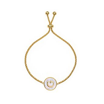 PRIMROSE 14k Gold Flash Plated Mother-of-Pearl Initial Medallion Adjustable Bracelet