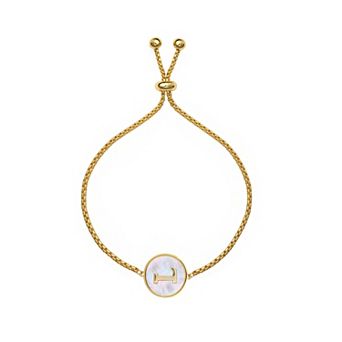 PRIMROSE 14k Gold Flash Plated Mother-of-Pearl Initial Medallion Adjustable Bracelet