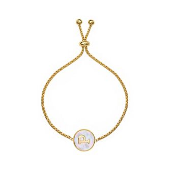 PRIMROSE 14k Gold Flash Plated Mother-of-Pearl Initial Medallion Adjustable Bracelet