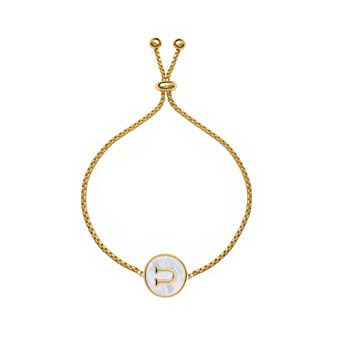 PRIMROSE 14k Gold Flash Plated Mother-of-Pearl Initial Medallion Adjustable Bracelet