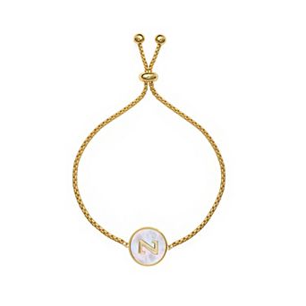 PRIMROSE 14k Gold Flash Plated Mother-of-Pearl Initial Medallion Adjustable Bracelet