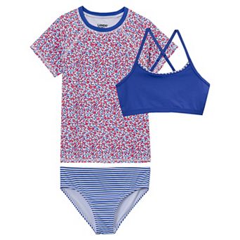 Girls 2-16 Lands' End 3 pc Chlorine Resistant Short Sleeve Rashguard, Criss Cross Swim Top, and Swim Bottoms Set
