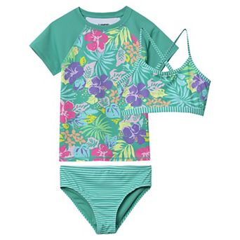 Girls 2-16 Lands' End 3 pc Chlorine Resistant Short Sleeve Rashguard, Criss Cross Swim Top, and Swim Bottoms Set