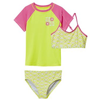 Girls 2-16 Lands' End 3 pc Chlorine Resistant Short Sleeve Rashguard, Criss Cross Swim Top, and Swim Bottoms Set