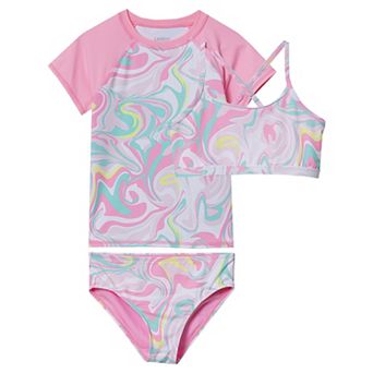 Girls 4-16 Lands' End Chlorine-Resistant Short Sleeve Rashguard 3 pc Swimsuit Set in Regular & Slim
