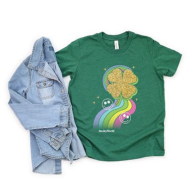 SmileyWorld Rainbow Clover Glitter - Youth Short Sleeve Graphic T-Shirt