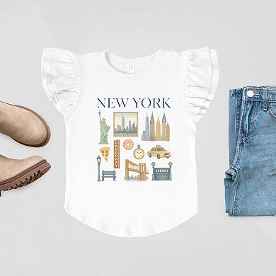 New York Watercolor Collage - Flutter Sleeve Graphic T-Shirt