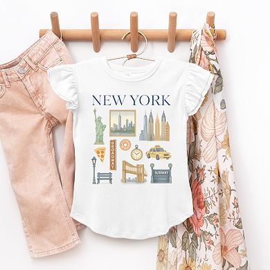 New York Watercolor Collage - Flutter Sleeve Graphic T-Shirt