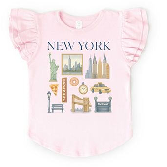 New York Watercolor Collage - Flutter Sleeve Graphic T-Shirt