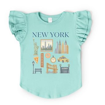 New York Watercolor Collage - Flutter Sleeve Graphic T-Shirt
