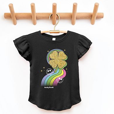 SmileyWorld Rainbow Clover Glitter - Flutter Sleeve Graphic T-Shirt