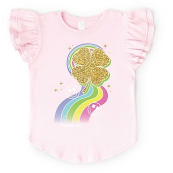 SmileyWorld Rainbow Clover Glitter - Flutter Sleeve Graphic T-Shirt