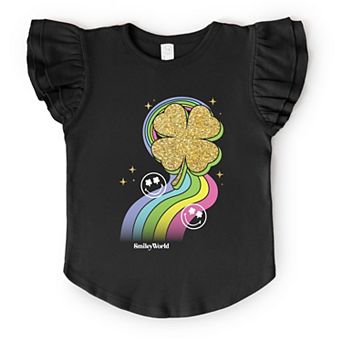 SmileyWorld Rainbow Clover Glitter - Flutter Sleeve Graphic T-Shirt