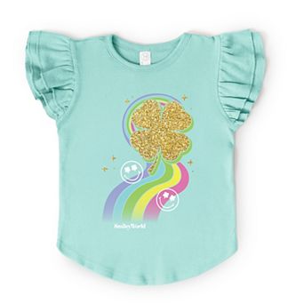 SmileyWorld Rainbow Clover Glitter - Flutter Sleeve Graphic T-Shirt