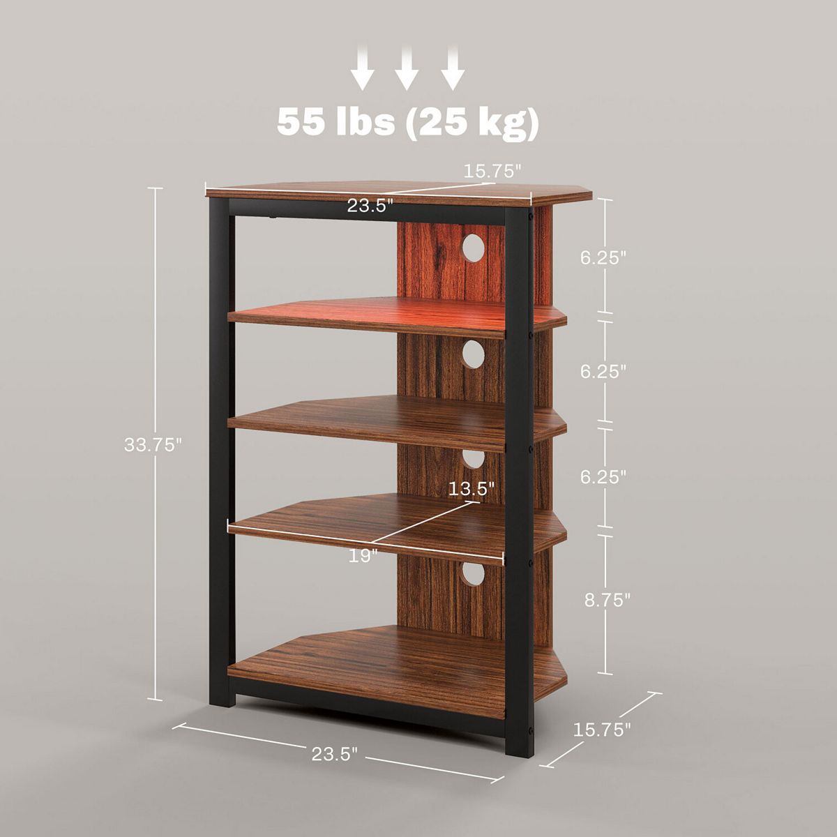 TV stand dimensions diagram showing weight and shelf measurements