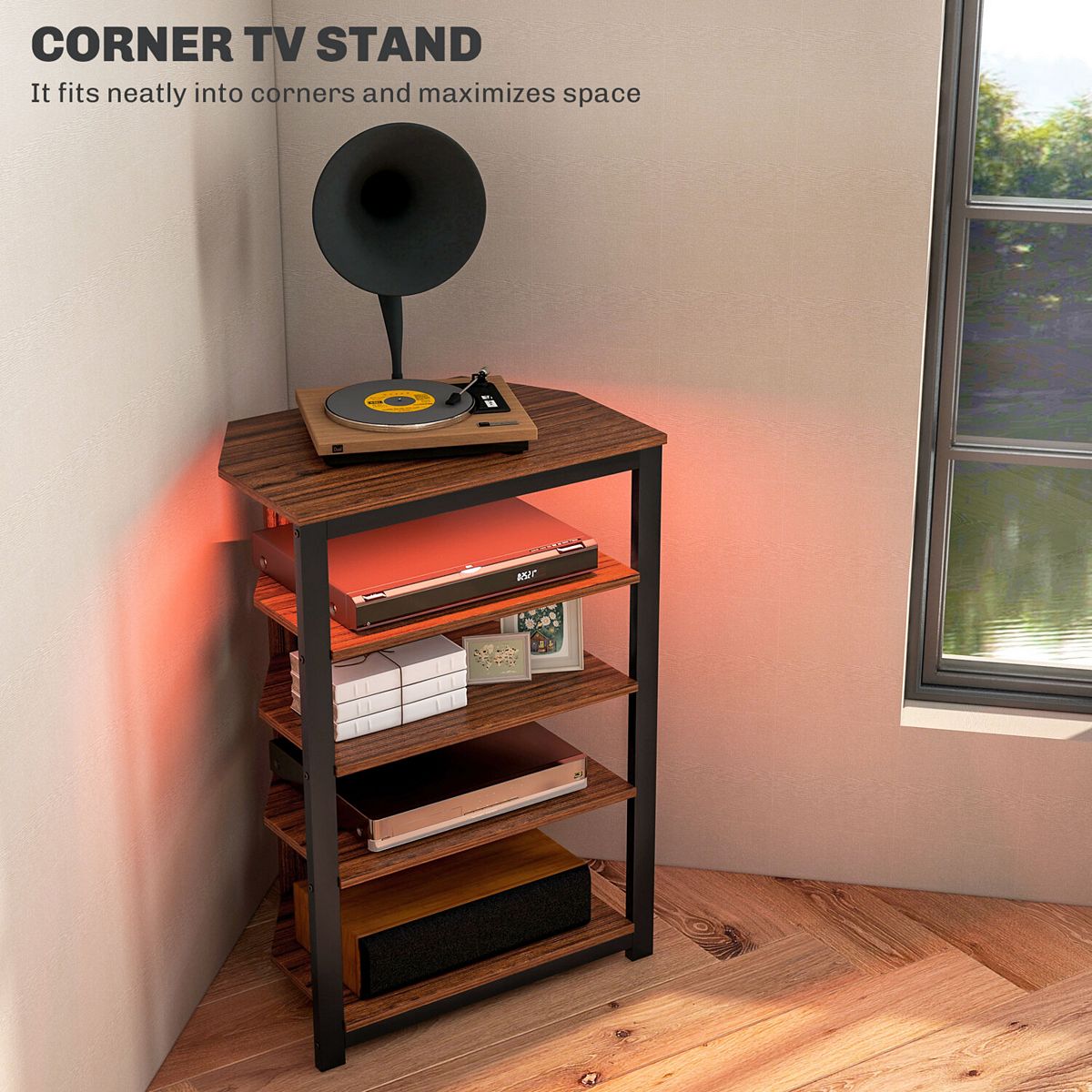 Corner TV stand with four-tier open storage shelves