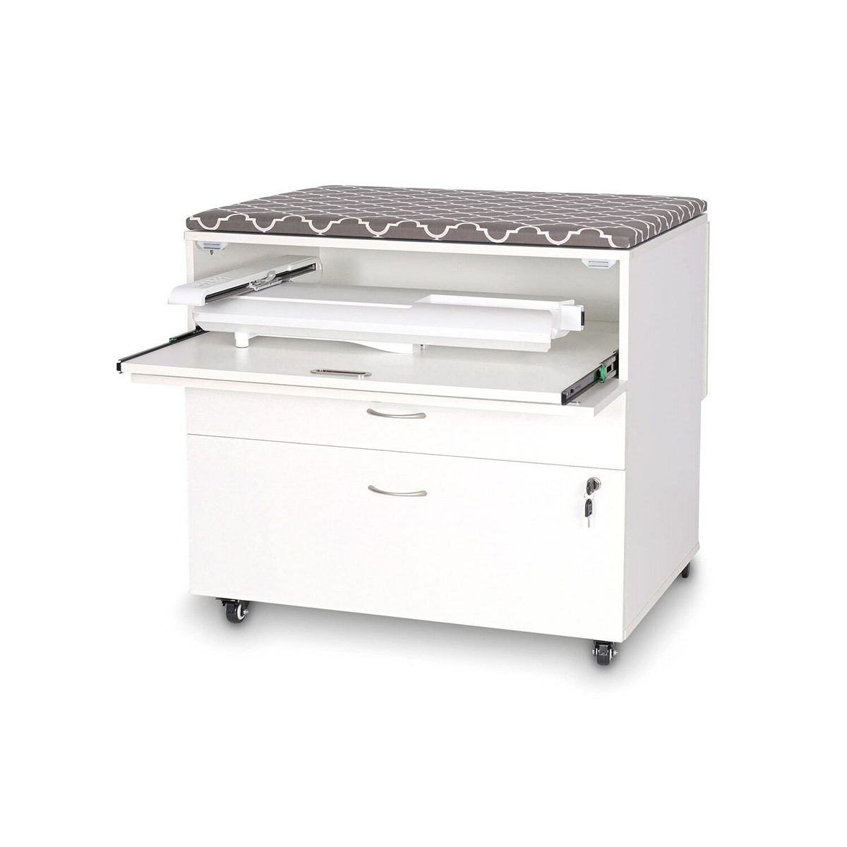 White embroidery storage cabinet with top opened and pull drawer extended