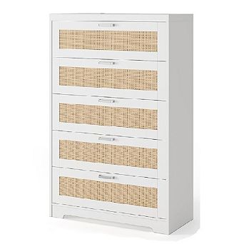 Rattan Dresser, Tall Chest of Drawers, Wood Dresser for Bedroom, Closet, Hallway, 5 Drawers