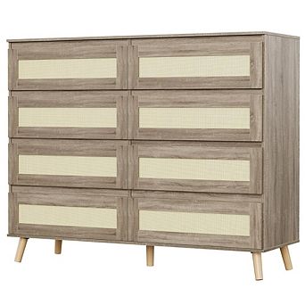 Rattan Dresser for Bedroom w/8 Drawers, 47.2 in Wide Chest of Drawers, TV Stand with Wood Legs