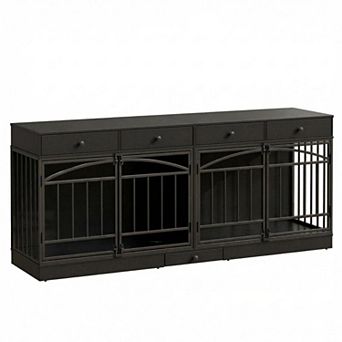 Dog Crate Furniture for 2 Dogs, Dog Kennel Indoor with 4 Storage Drawers and Feeding Bowls