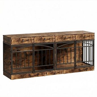 Dog Crate Furniture for 2 Dogs, Dog Kennel Indoor with 4 Storage Drawers and Feeding Bowls