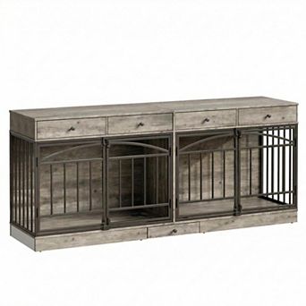 Dog Crate Furniture for 2 Dogs, Dog Kennel Indoor with 4 Storage Drawers and Feeding Bowls