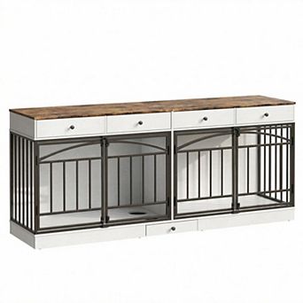 Dog Crate Furniture for 2 Dogs, Dog Kennel Indoor with 4 Storage Drawers and Feeding Bowls