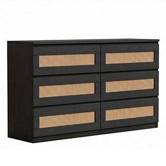 Rattan Dresser for Bedroom, 6 Drawer Dresser,Wide Chest of Drawers w/Anti-Tip Kit&Smooth Slide Rail