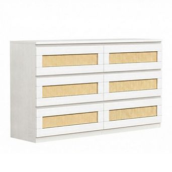 Rattan Dresser for Bedroom, 6 Drawer Dresser,Wide Chest of Drawers w/Anti-Tip Kit&Smooth Slide Rail