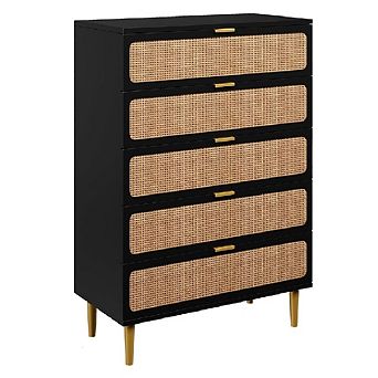 Rattan Dresser w/5 Drawers, Tall Modern Closet w/Deep Storage, Large Chest of Drawers w/Wide Top