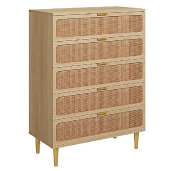 Rattan Dresser w/5 Drawers, Tall Modern Closet w/Deep Storage, Large Chest of Drawers w/Wide Top