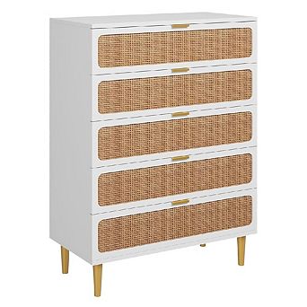 Rattan Dresser w/5 Drawers, Tall Modern Closet w/Deep Storage, Large Chest of Drawers w/Wide Top