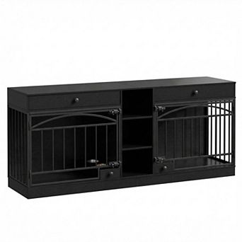 Dog Crate Furniture for 2 Dogs, Dog Kennel Indoor with 2 Storage Drawers, 3 Shelves& Feeding Bowls