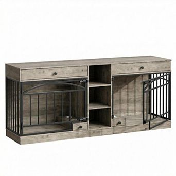 Dog Crate Furniture for 2 Dogs, Dog Kennel Indoor with 2 Storage Drawers, 3 Shelves& Feeding Bowls