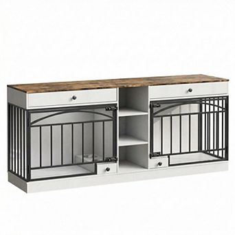 Dog Crate Furniture for 2 Dogs, Dog Kennel Indoor with 2 Storage Drawers, 3 Shelves& Feeding Bowls