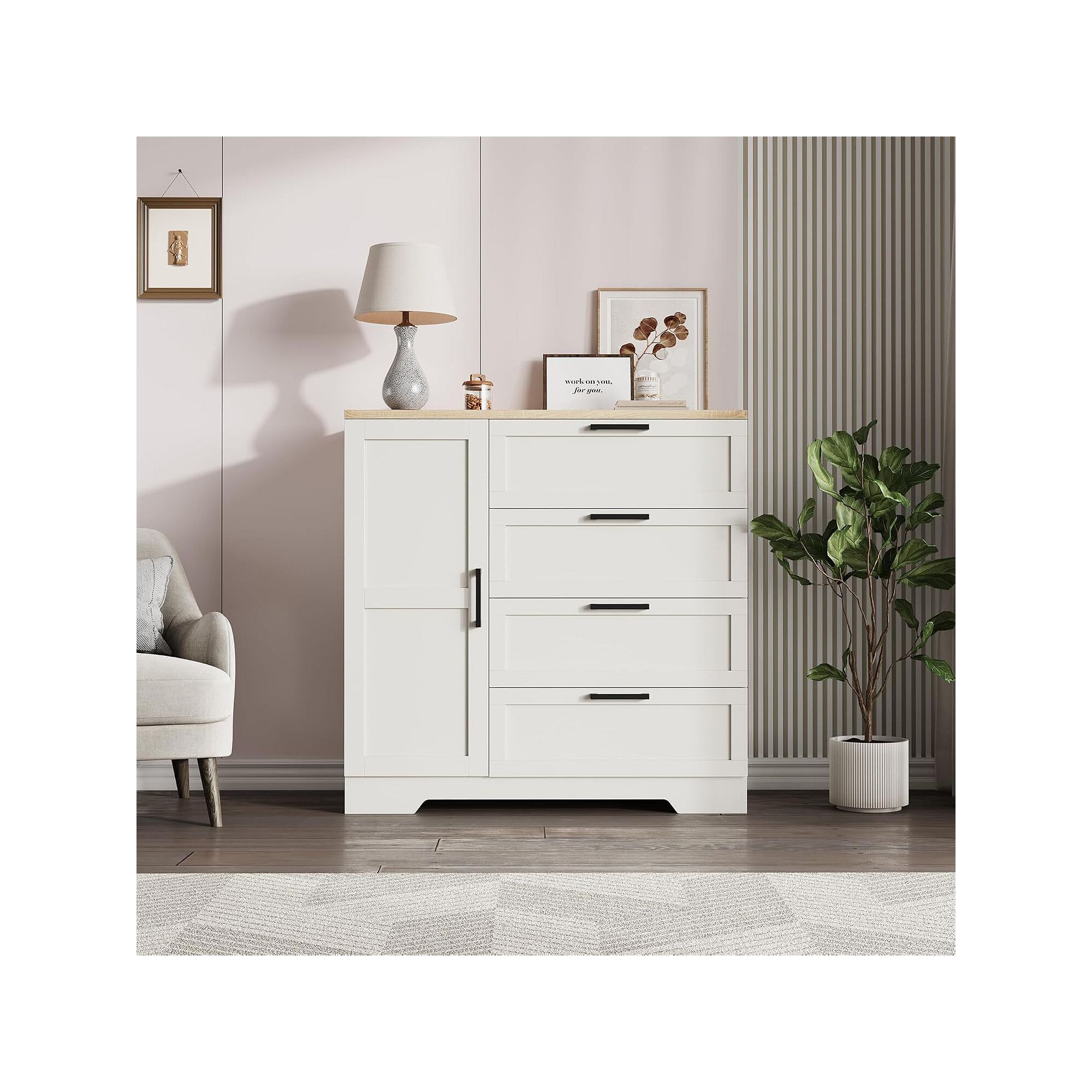 White wardrobe armoire with two doors and four drawers